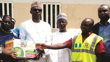 (L-r) Fatima Hassan, women leader; , Tonye Preghafi, divisional managing director, Red Star Freight; Alhaji Aminu Dangana, director, Red Star Express Plc; Giwa Kurutsi, camp manager, and Olufemi Oluwole, marketing and corporate affairs manager, Red Star Express Plc, at the presentation of relief materials to Internally Displaced Persons (IDPs) by Red Star Foundation in Malkohi, Yola, Adamawa State, recently.
